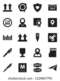Set of vector isolated black icon - no laptop vector, stamp, plant label, heart shield, navigation, pin, fragile, up side sign, barcode, sd, cut, place tag, sertificate, pen, sale, menu, open close