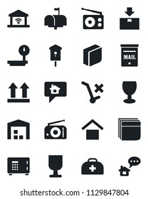 Set of vector isolated black icon - safe vector, bird house, doctor case, fragile, warehouse storage, up side sign, no trolley, package, heavy scales, radio, blank box, mailbox, garage gate control