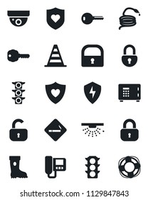 Set of vector isolated black icon - smoking place vector, border cone, safe, boot, hose, heart shield, traffic light, protect, lock, key, intercome, surveillance, sprinkler, crisis management