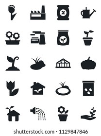 Set of vector isolated black icon - factory vector, flower in pot, seedling, watering can, sproute, pumpkin, greenhouse, seeds, pond, fertilizer, tulip, eco house, palm