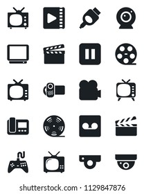 Set of vector isolated black icon - clapboard vector, reel, tv, gamepad, video camera, pause button, hdmi, record, web, intercome, surveillance