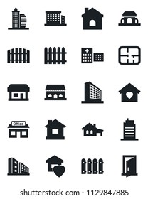 Set of vector isolated black icon - office building vector, fence, house, hospital, store, with garage, plan, sweet home, city, cafe, door