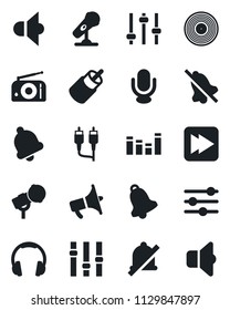 Set of vector isolated black icon - vinyl vector, microphone, radio, speaker, loudspeaker, settings, equalizer, headphones, fast forward, rca, tuning, bell, mute, sound