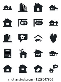 Set of vector isolated black icon - office building vector, house, real heart, contract, with garage, tree, rent, sold signboard, smart home, eco, message