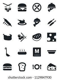 Set of vector isolated black icon - cafe vector, menu, waiter, bread, chicken, steak, kebab, hamburger, ladle, bowl, rolling pin, sushi, cheese