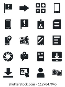 Set of vector isolated black icon - right arrow vector, mobile phone, identity card, document, important flag, cash, tracking, camera, user, download, application, restaurant receipt