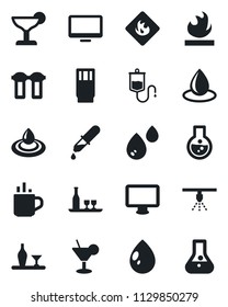 Set of vector isolated black icon - hot cup vector, water drop, dropper, flammable, monitor, alcohol, drink, cocktail, filter, sprinkler, flask