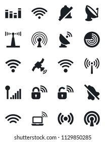 Set of vector isolated black icon - antenna vector, wireless notebook, radar, satellite, equalizer, mute, cellular signal, lock