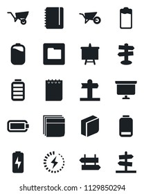 Set of vector isolated black icon - signpost vector, notepad, presentation board, wheelbarrow, battery, low, folder, charge, blank box, guidepost