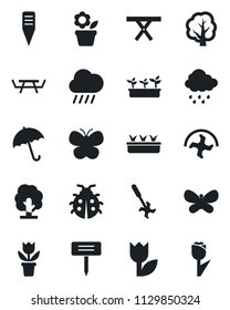 Set of vector isolated black icon - umbrella vector, flower in pot, ripper, tree, butterfly, lady bug, seedling, rain, plant label, picnic table, tulip