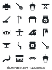 Set of vector isolated black icon - cafe vector, ladder car, rake, sickle, garden light, picnic table, fertilizer, restaurant, alcove, outdoor lamp
