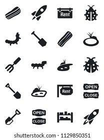 Set of vector isolated black icon - job vector, garden fork, shovel, lady bug, caterpillar, pond, rack, rent, bacon, open close, rocket