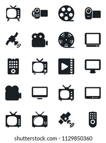 Set of vector isolated black icon - tv vector, reel, satellite, video camera, monitor, remote control