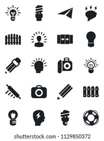 Set of vector isolated black icon - automatic door vector, brainstorm, bulb, camera, pencil, fence, rolling pin, energy saving, shining head, idea, paper plane, crisis management