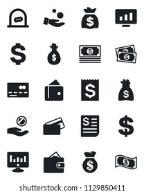 Set of vector isolated black icon - credit card vector, ticket office, dollar sign, money bag, statistic monitor, cash, receipt, wallet, investment