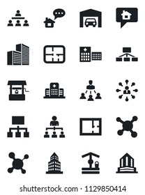 Set of vector isolated black icon - hierarchy vector, well, molecule, hospital, office building, garage, plan, home message