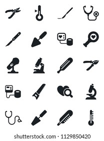 Set of vector isolated black icon - trowel vector, pruner, saw, stethoscope, blood pressure, thermometer, heart diagnostic, microscope, scalpel, microphone