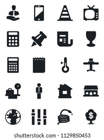 Set of vector isolated black icon - border cone vector, luggage scales, manager, notepad, house, hose, earth, client, fragile, news, tv, settings, cell phone, paper pin, calculator, restaurant table