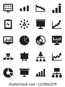 Set of vector isolated black icon - growth statistic vector, hierarchy, presentation board, monitor, circle chart, pulse, clipboard, statistics, bar graph, pie, arrow up, crisis