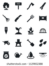 Set of vector isolated black icon - fence vector, job, farm fork, rake, tree, watering can, wheelbarrow, sproute, saw, fire, water drop, garden knife, axe, plant label, fireplace, greenhouse, seeds