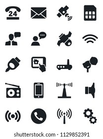 Set of vector isolated black icon - antenna vector, phone, mobile, mail, satellite, 24 hours, microphone, radio, speaker, hdmi, sim, wireless, router, home control app, gear