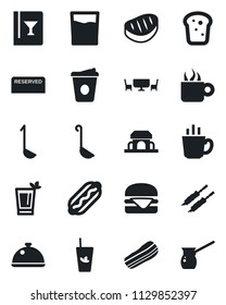 Set of vector isolated black icon - coffee vector, dish, wine card, reserved, drink, phyto bar, bacon, bread, cafe building, table, steak, kebab, hamburger, hot dog, ladle, turkish