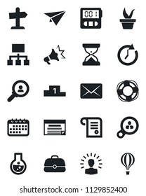 Set of vector isolated black icon - seedling vector, stopwatch, consumer search, shining head, clock, calendar, flask, case, paper plane, schedule, hierarchy, crisis management, mail, advertising