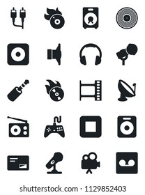Set of vector isolated black icon - satellite antenna vector, film frame, vinyl, flame disk, microphone, radio, speaker, gamepad, video camera, headphones, mail, stop button, rec, rca, record