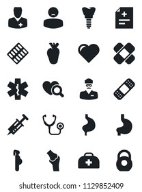 Set of vector isolated black icon - heart vector, doctor case, diagnosis, stethoscope, syringe, diagnostic, pills blister, patch, ambulance star, stomach, real, implant, joint, patient, pregnancy