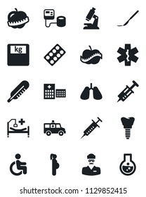 Set of vector isolated black icon - syringe vector, blood pressure, thermometer, microscope, scales, pills blister, scalpel, ambulance star, car, hospital bed, disabled, lungs, implant, diet, doctor