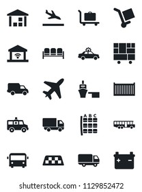 Set of vector isolated black icon - plane vector, taxi, arrival, baggage trolley, airport bus, waiting area, alarm car, seat map, ambulance, cargo container, delivery, sea port, consolidated