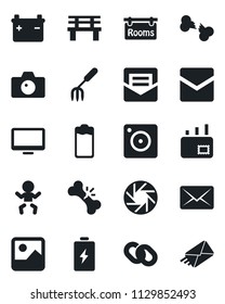 Set of vector isolated black icon - baby vector, camera, garden fork, bench, broken bone, monitor, chain, battery, mobile, gallery, mail, rooms