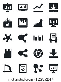 Set of vector isolated black icon - bomb in case vector, growth statistic, crisis graph, document, monitor, reload, barcode, share, scanner, sd, network, download, statistics, point, social media