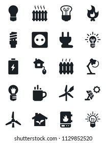 Set of vector isolated black icon - hot cup vector, bulb, fire, desk lamp, windmill, heater, home control, eco house, socket, power plug, water, energy saving, sun panel, battery, idea