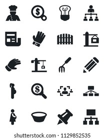 Set of vector isolated black icon - hierarchy vector, pencil, garden fork, glove, pregnancy, paper pin, news, hr, fence, crane, cook, bowl, bulb, money search