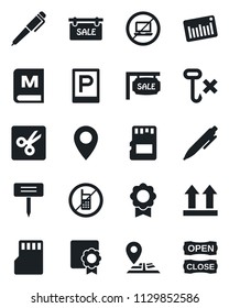 Set of vector isolated black icon - parking vector, no mobile, laptop, pen, plant label, navigation, pin, up side sign, hook, barcode, sd, cut, sertificate, sale, menu, open close