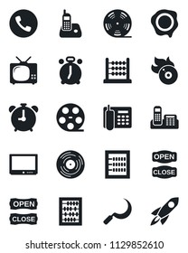 Set of vector isolated black icon - alarm clock vector, phone, abacus, stamp, sickle, reel, vinyl, flame disk, tv, radio, office, open close, rocket