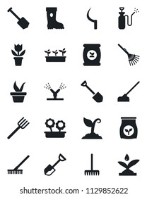 Set of vector isolated black icon - job vector, flower in pot, shovel, farm fork, rake, seedling, sproute, boot, hoe, sickle, garden sprayer, fertilizer, irrigation