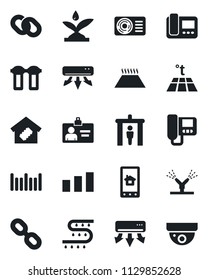 Set of vector isolated black icon - security gate vector, identity card, drip irrigation, sorting, barcode, chain, air conditioner, smart home, intercome, control app, water filter, warm floor
