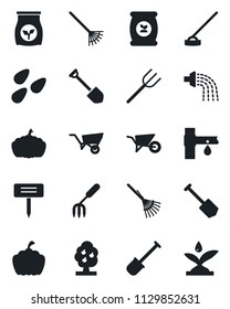 Set of vector isolated black icon - job vector, garden fork, shovel, farm, rake, wheelbarrow, watering, hoe, plant label, pumpkin, seeds, fertilizer, drip irrigation, fruit tree