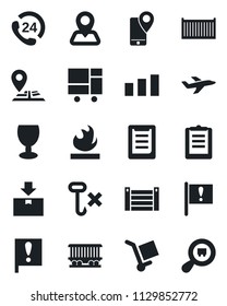 Set of vector isolated black icon - navigation vector, railroad, important flag, plane, 24 hours, mobile tracking, cargo container, consolidated, clipboard, fragile, no hook, package, sorting