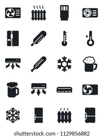 Set of vector isolated black icon - thermometer vector, heater, air conditioner, fridge, drink, beer, snowflake