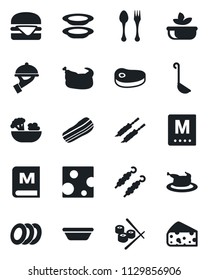 Set of vector isolated black icon - spoon and fork vector, menu, salad, plates, bacon, waiter, chicken, steak, kebab, hamburger, ladle, bowl, sushi, cheese