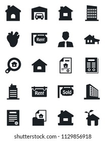 Set of vector isolated black icon - office building vector, house, real heart, contract, with garage, estate document, rent, sold signboard, search, agent, city, eco