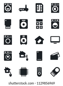 Set of vector isolated black icon - washer vector, calculator, monitor, speaker, phone back, sim, smart home, credit card, control, chip, remote, router, usb flash