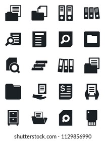 Set of vector isolated black icon - office binder vector, document search, receipt, folder, paper, tray, archive box, usb flash
