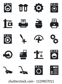 Set of vector isolated black icon - washer vector, gear, ripper, lawn mower, tomography, printer, copier, crane, water filter, combination lock