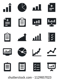 Set of vector isolated black icon - growth statistic vector, monitor, diagnosis, clipboard, statistics, bar graph, pie, checklist, point, presentation