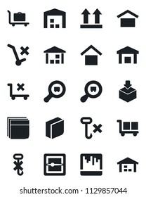 Set of vector isolated black icon - baggage trolley vector, cargo, warehouse storage, up side sign, no, hook, package, search, scanner, blank box
