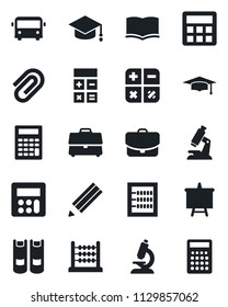 Set of vector isolated black icon - airport bus vector, book, calculator, graduate, presentation board, microscope, case, paper clip, abacus, pencil